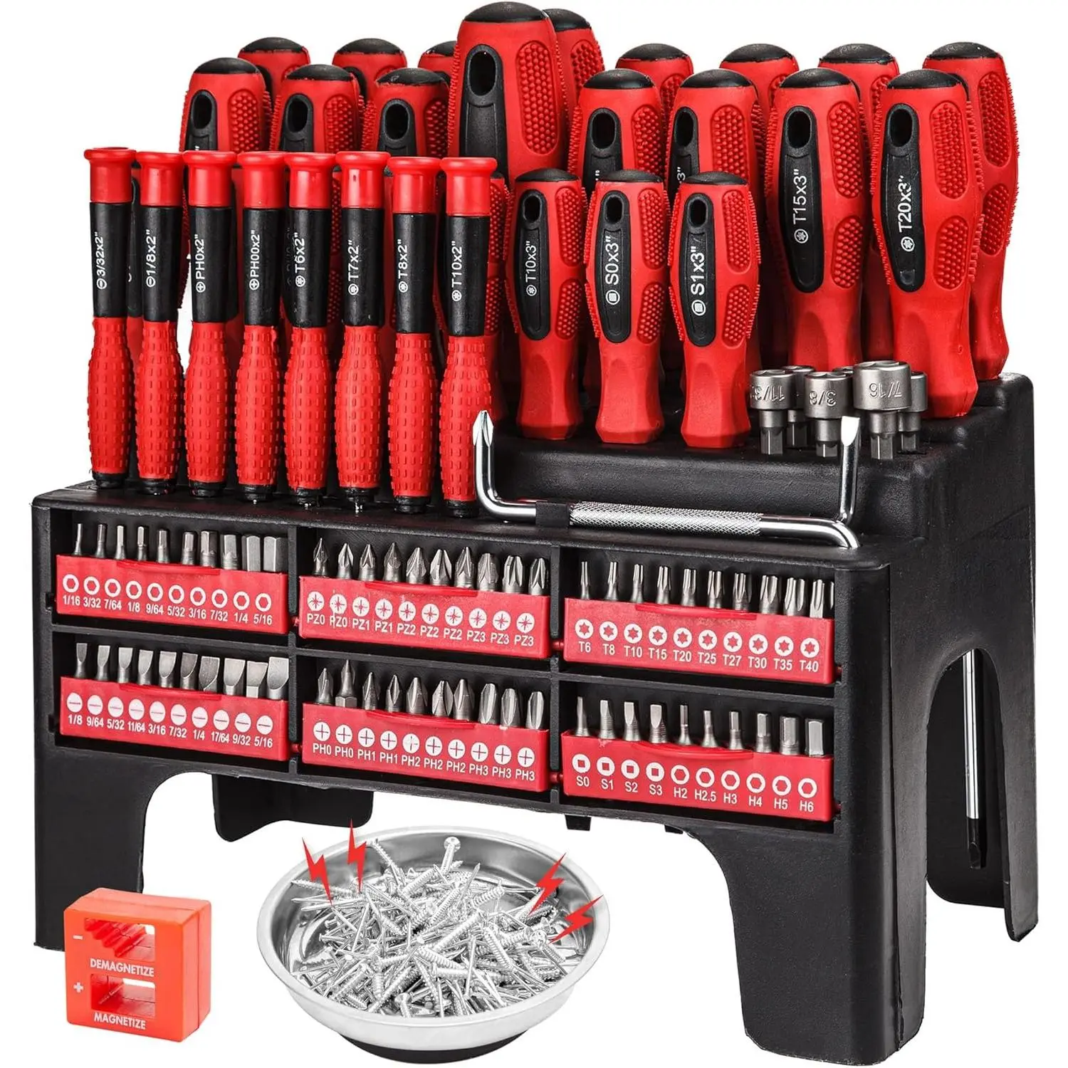 Multi-Tool Set with Rectangular Rack, Precision Bits, Magnetic Hold Magnetizer-Demagnetizer and Bowl, DIY Tools for Men, Compact