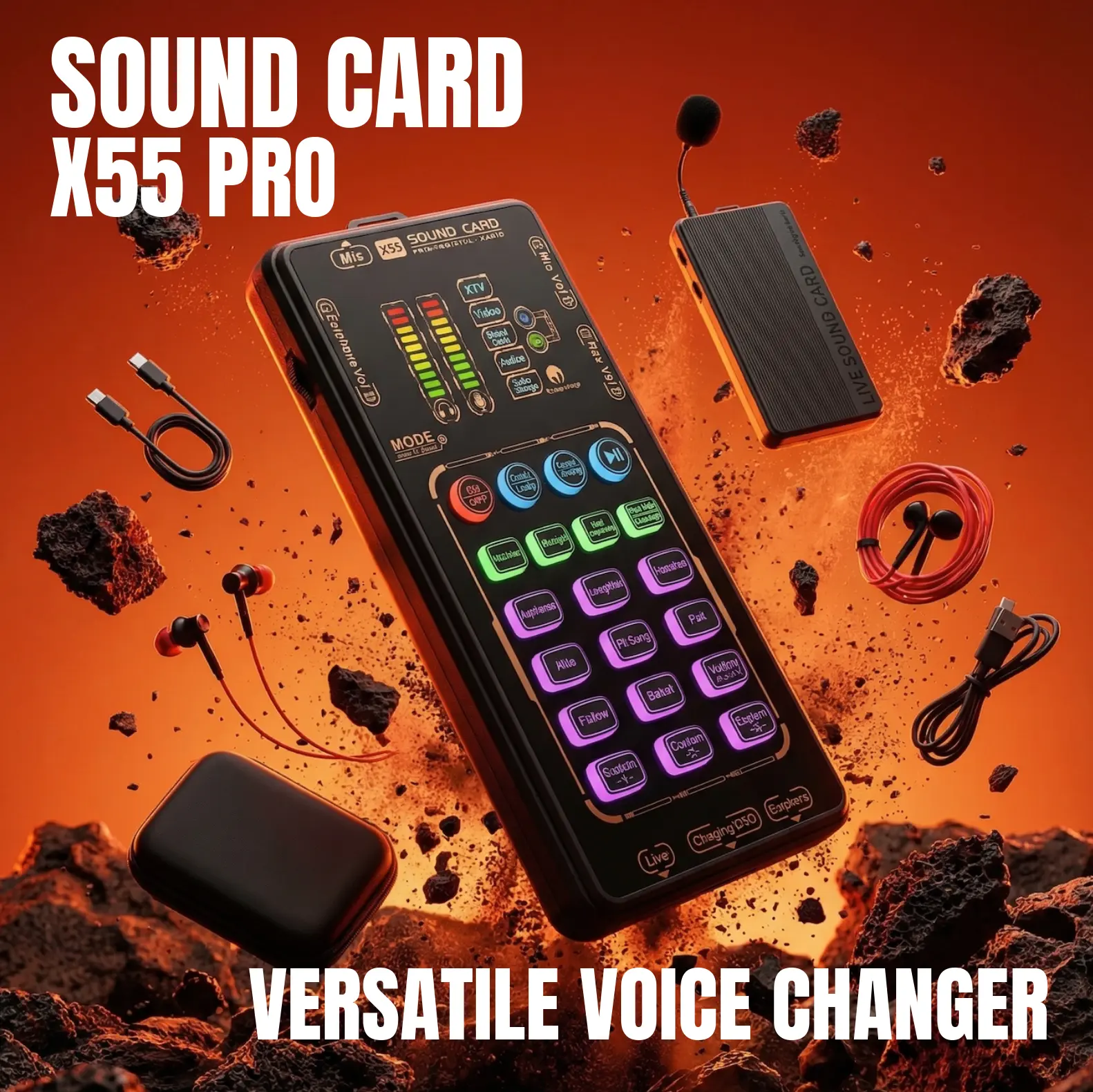 Portable X55 Pro Electronic Phone Voice Changer Bundle - Micro Amplifier Mixer, 4 Cases, Universal OTG Broadcast Cable, Wireless Bluetooth Sound Card, for Gaming, Live Streams, Recording