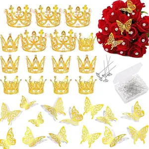 139 Pcs Crowns Bouquet Corsages Pins Flower Arrangements Crowns for Flower Bouquets 15Pcs Crown Cake Topper 100 Pcs Corsage Pins 24 Pcs Butterfly for Flower Bouquet Accessories