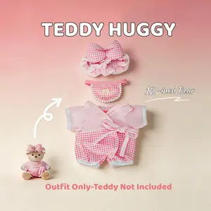 TEDDY HUGGY Cute Teddy Bear Series - Pink Plaid Pajama Three-Piece Set Paired with a Cute Teddy Bear - 12 Inches Tall - Soft Plush Toy with Movable Joints - The Perfect Gift for Any Age.