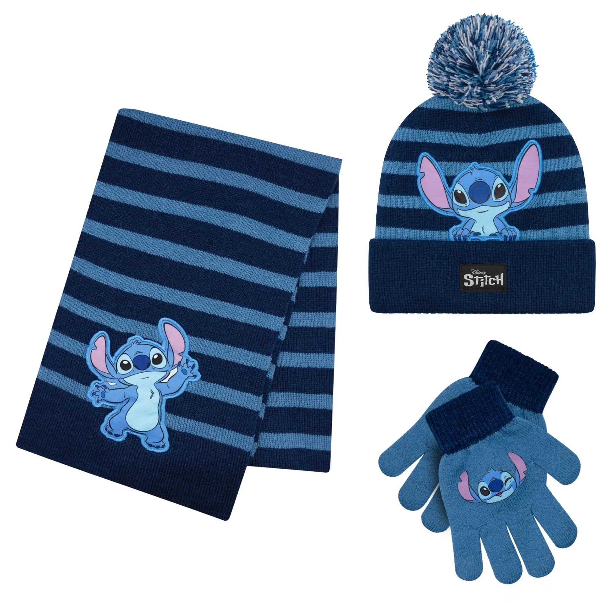Disney Lilo & Stitch Kids' 2-Piece Beanie Hat and Glove Set, Casual Cartoon Winter Wear with Blue Stripes and Tassels, Ages 5-13, One Size