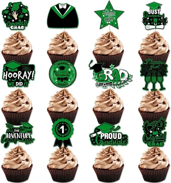 24PCS Class of 2024 Graduation Cupcake Toppers Party Decorations 2024 Congrats Grad Graduation Cupcake Toppers 2024 Green Graduation Decorations