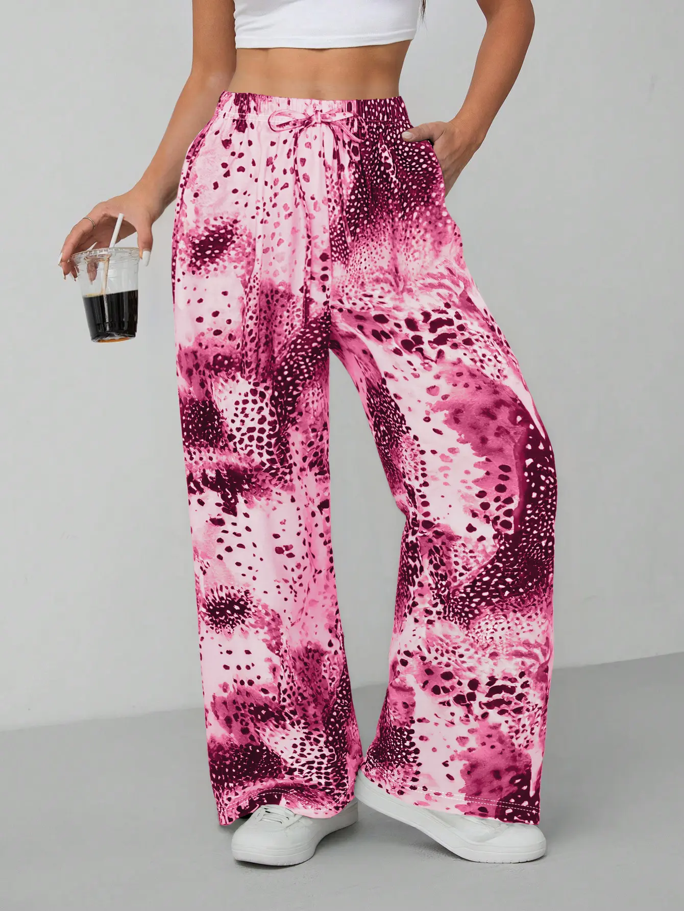 ASANDY Women's High Waist Tie Dye Leopard Print Wide Leg Trousers - Lightweight Breathable Fabric, Drawstring Loose Fit, Casual Streetwear Trouser for All Seasons (Pink), Casual Streetwear Trousers