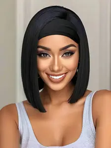 Synthetic Machine Made Wig Short Straight Bob Headband Wigs for Women Black/Highlight Color Headband Wigs