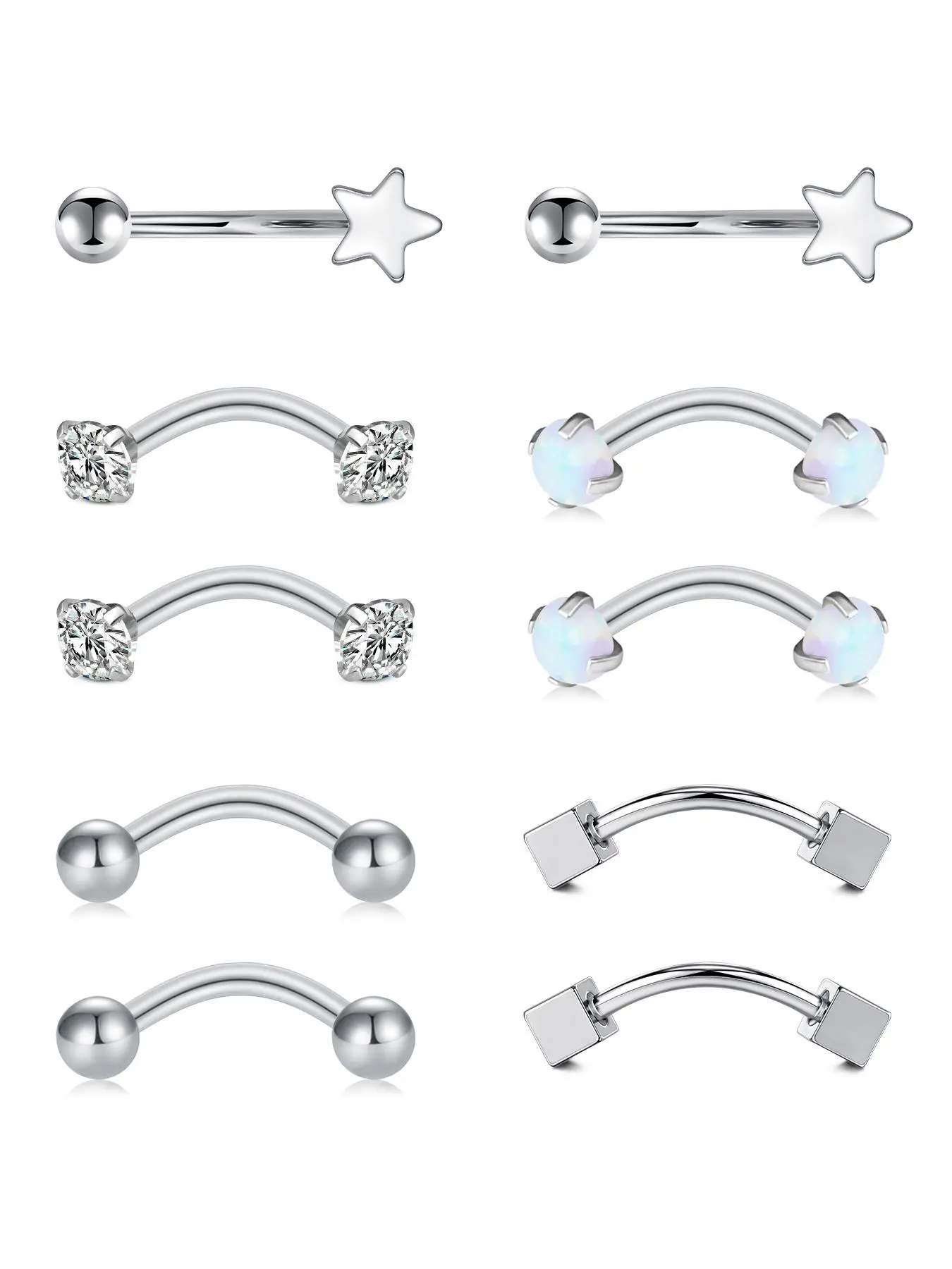 Star & Rhinestone Decor Eyebrow Studs, 10pcs Curved Rod Eyebrow Piercing Jewelry for Women & Men, Stainless Steel Body Jewelry for Party, Daily Decor