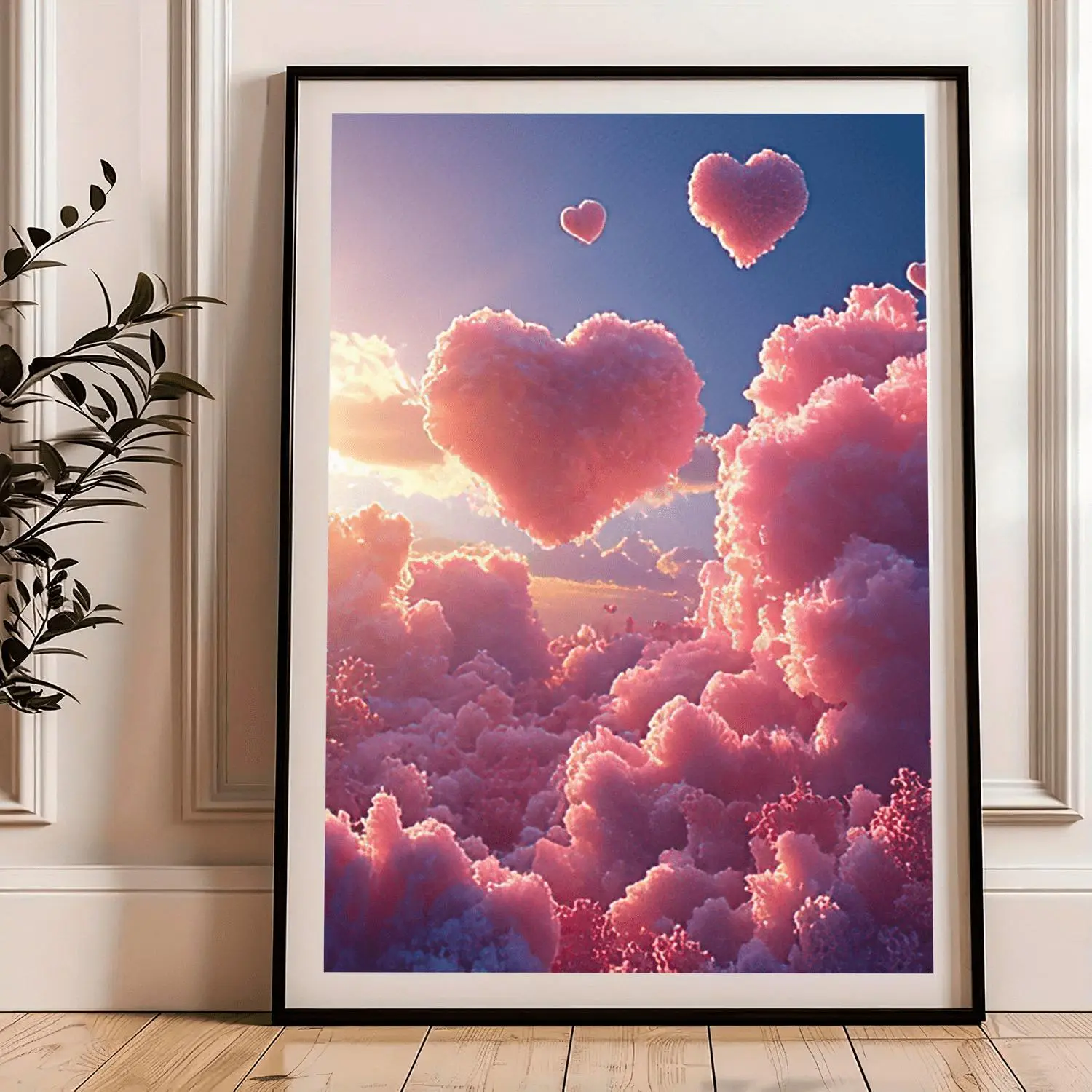 1pc Pink Heart-Shaped Cloud Canvas Poster – Dreamy Artistic Wall Decor for Bedroom & Living Room, Frameless, High-Quality Print, Whimsical Design with Floating Hearts, Room Decor，Unframed
