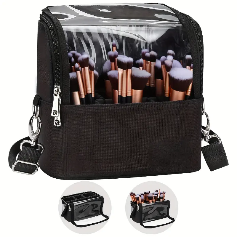 Vertical Makeup Brush Holder Travel Professional Makeup Bag with Adjustable Compartments And Large Capacity for Brush Storage.