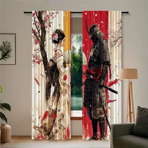 2 pieces of high-definition digital Japanese traditional culture pattern printed curtains, made of polyester with semi-transparent texture, machine washable, suitable for bedrooms, living rooms and home decoration.