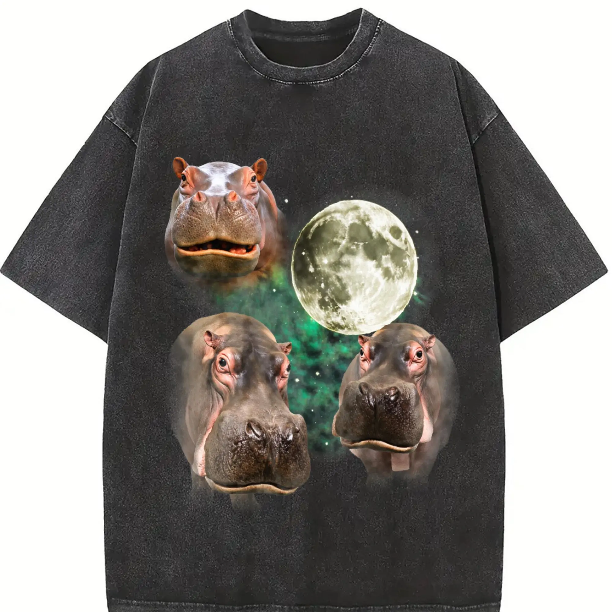 Three Hippo Funny Vintage Graphic T-shirts, Retro Silly Hippo Moon Tshirt, Fun Nature Shirt, Weirde Gifts, Washed Adult Tee, Joke Shirts