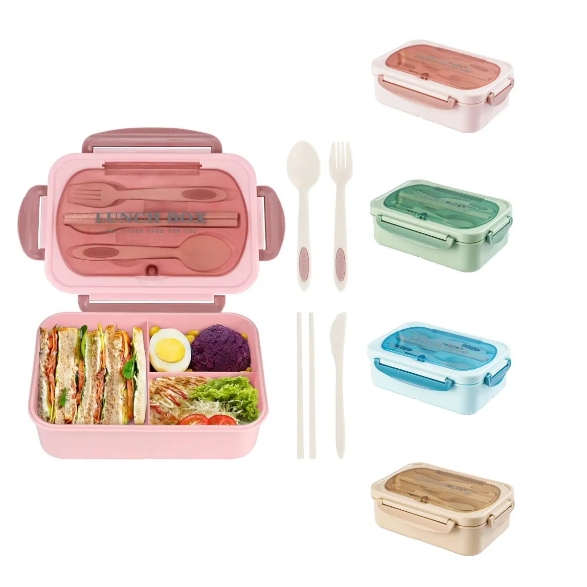 MIUVA Silicone Leakproof Solid Lunch Box with Lid, 1200ML BPA-Free 3-Compartment Microwave-Safe Reusable Container & Lid Set for Adults, Dishwasher-Safe with Utensils (Pink, Green, Blue, Beige) - Ideal for Meal Planning, Packing Lunch for Kids