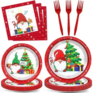 96-Piece Christmas Party Supplies Set: Paper Plates & Napkins Christmas Tree & Elf-Themed Disposable Tableware Set Holiday Decor Gift Set for 24-Person Christmas Gatherings