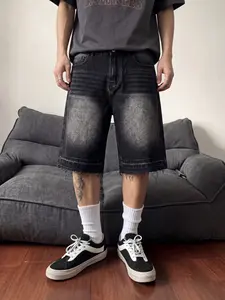 Men’s Vintage Wash Denim Jorts, Loose Straight Jean Shorts with Faded Distressed Finish and Frayed Hem Detail