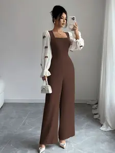 Spring Summer Square Neck Romper Long Sleeve Bow Tie Women's Jumpsuit, Casual Fashion One-Piece, Comfortable and Stylish