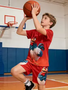 Boys Summer Zodiac Set, Funny Rooster Full Print Short Sleeve Shorts, Casual Trendy Summer Clothing, Breathable Sweat-Absorbent