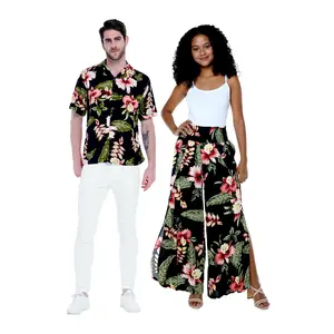 Matchable Couple Hawaiian Luau Shirt or Wide Legged Pants in Rafelsia Black
