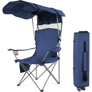 Camping Chair, Oversized Folding Chair with Canopy, Portable Outdoor Chair with Arms, Cup Holder and Carry Bag for Camping, Fishing, Beach, and Sports, Indigo