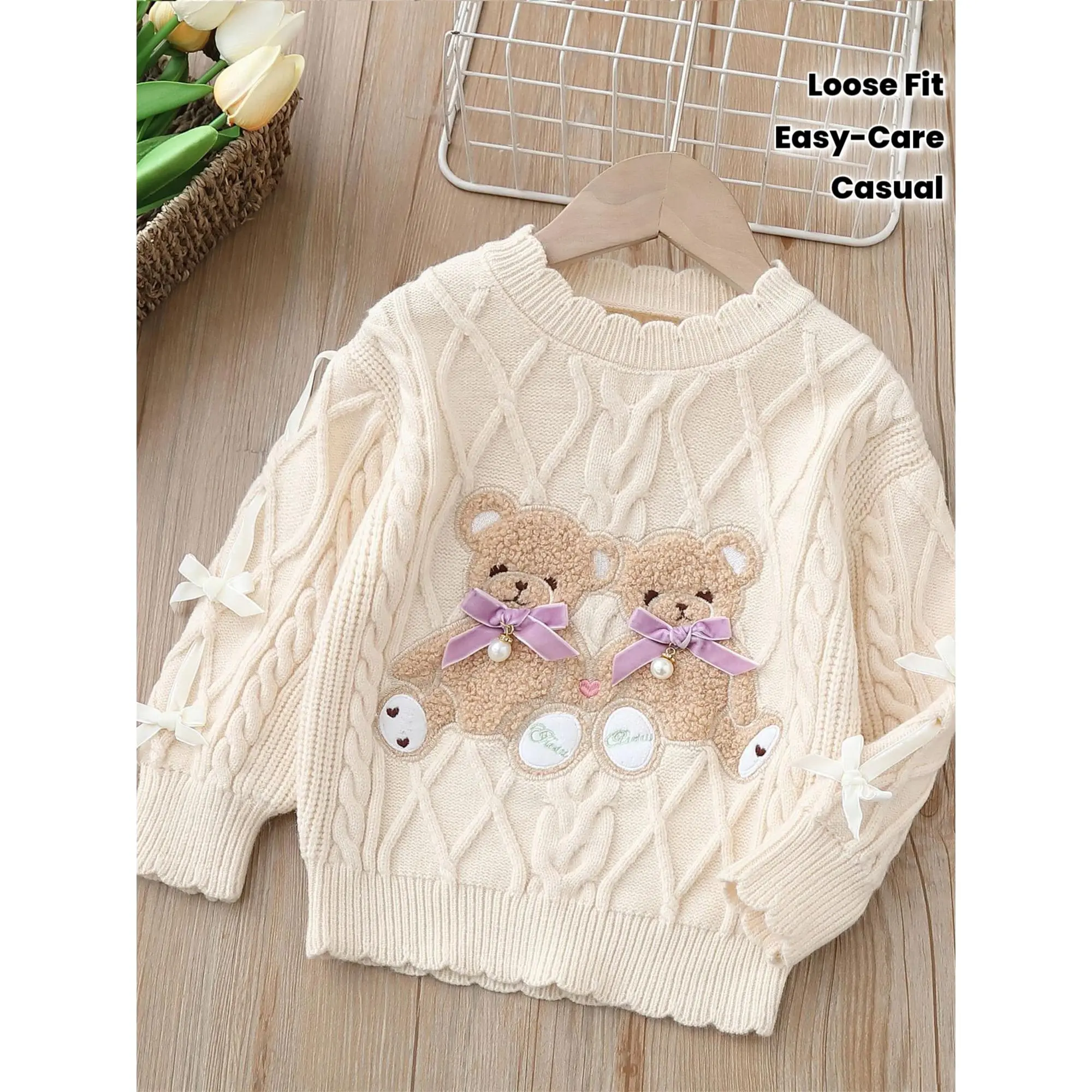 Girls' ted Sweater Jumper with Rhombus Pattern & Two Cute Bear Doll Print - Soft Loose-Fit Round Neck Pullover, Cozy Winter Sweater for Fall/Winter, Casual & Special Occasions, Adorable Bear Face Design, Easy-Care Knitwear for Everyday Outfits