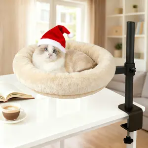 Hippo Future Cat Desk Bed Adjustable Height Elevated Perch 360° Rotation Heavy Duty Iron Frame 60 lbs Support Soft Plush Cover Easy Install No Damage Perfect for Work Rest Mealtime Contemporary Animal Bedding Apartment