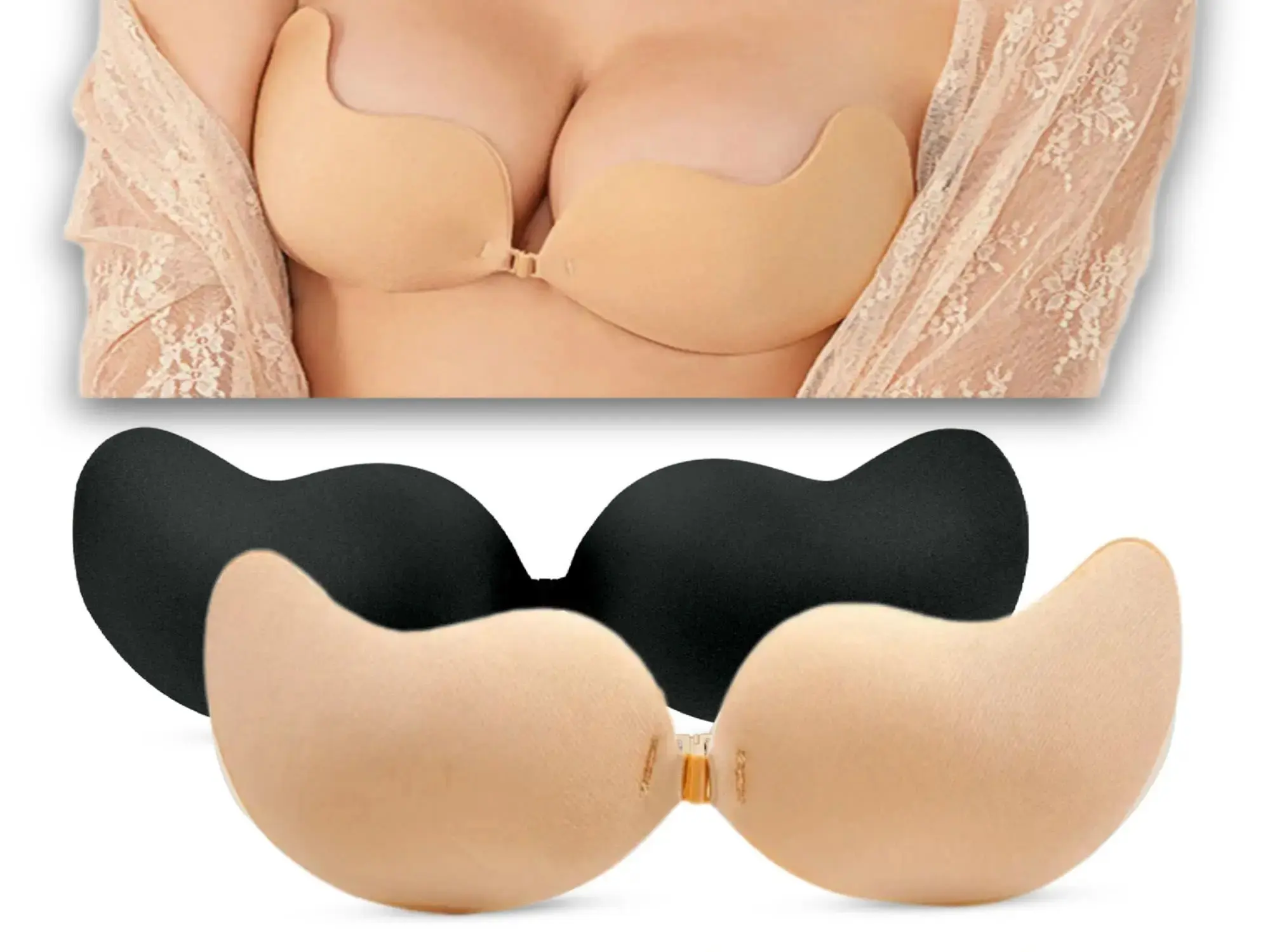 2Paris Self-Adhesive Bra - Strapless, Backless & Reusable - Silicone Adhesive Bra - Sticky Push-Up Bra - Sticky Padded Bra - 2 Pairs (Black & Bege)