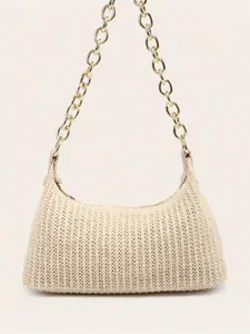 Gold Chain Straw Crochet Hobo Shoulder Bag, Summer Woven Crescent Purse for Beach Vacation Daily