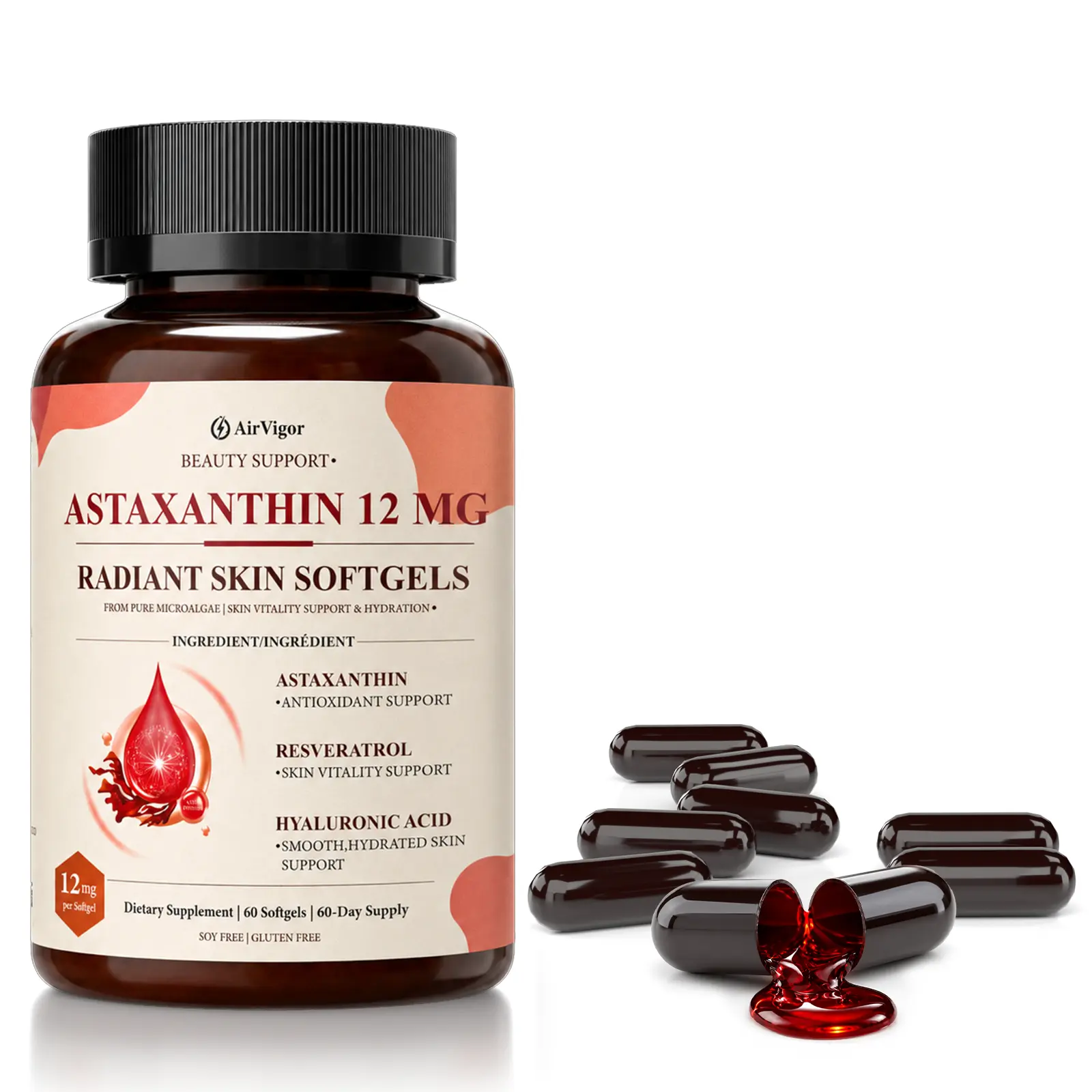 AirVigor Astaxanthin 12mg Softgels, Natural Microalgae Astaxanthin with Hyaluronic Acid, Resveratrol, Vitamin E & MCT Oil, Antioxidant Support, 60 Count/90 Count