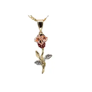 Three Tone Rose w/ White and Red Rhinestones Pendant with Necklace (24K Gold Filled)