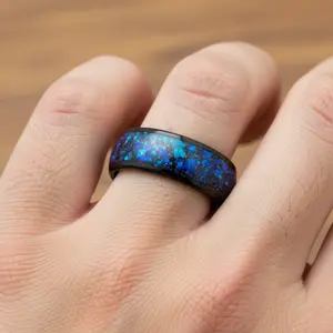 Black Tungsten Wedding Band Space Galaxy Nebula Sparkling Blue Opal Abalone Inlay 8mm Engagement Ring Comfort Fit Wedding Ring
