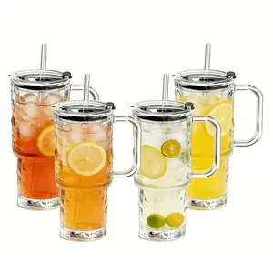 Large Retro Transparent Glass Cup with Lid and Straw, Thickened Glassware for Beer, Ice Coffee, Juice, Cocktail, Water, Smoothie, Tea, Christmas Gift