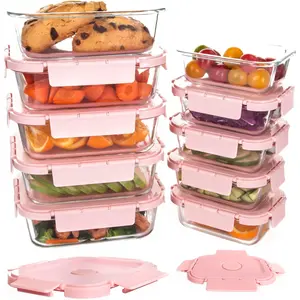 Glass Meal Prep Containers 10 Pack, Glass Food Storage Containers with Snap Locking Lids Airtight Built in Air Vents, Glass Containers for Lunch, Microwave/Dishwasher Safe, Pink