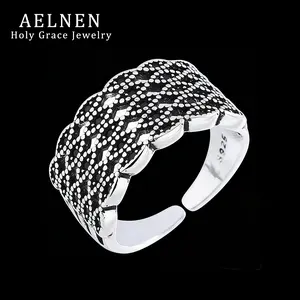 AELNEN S925 Sterling Silver Vintage Style Wide Band Ring