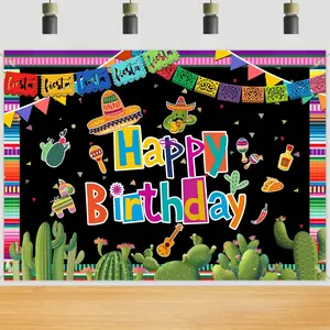 2D Flat Banner Mexican Fiesta Backdrop, Happy Birthday & Cinco De Mayo Party Decor, Colorful Wall Background for Photo Booth Studio Props