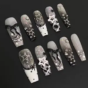 10pcs Handmade Medium Long Square Sweet Star French Lace Bow Nail Art Stickers, Glitter, Cute Sweet, Suitable for Women and Girls