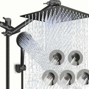 High Pressure Rainfall Handheld Shower Combo, High Pressure Showerhead, 11'' Extension Arm, 9 Settings, Anti-Leak, Adjustable, Chrome & Matte