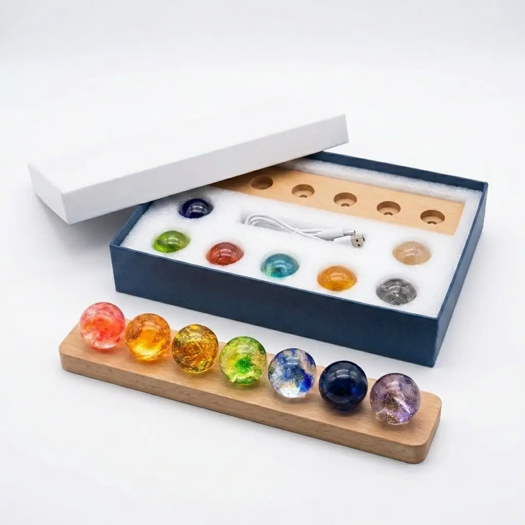 Ornalrist 7 Galaxy Star Crystal Orbs with Handmade Touch Wooden LED Light Base - Stress Relief LED Ambient Non-Natural Semi-Finished Crystal Decor for Indoor Home Use, Indoor Decor, Led Night Lights, Colorful Night Light