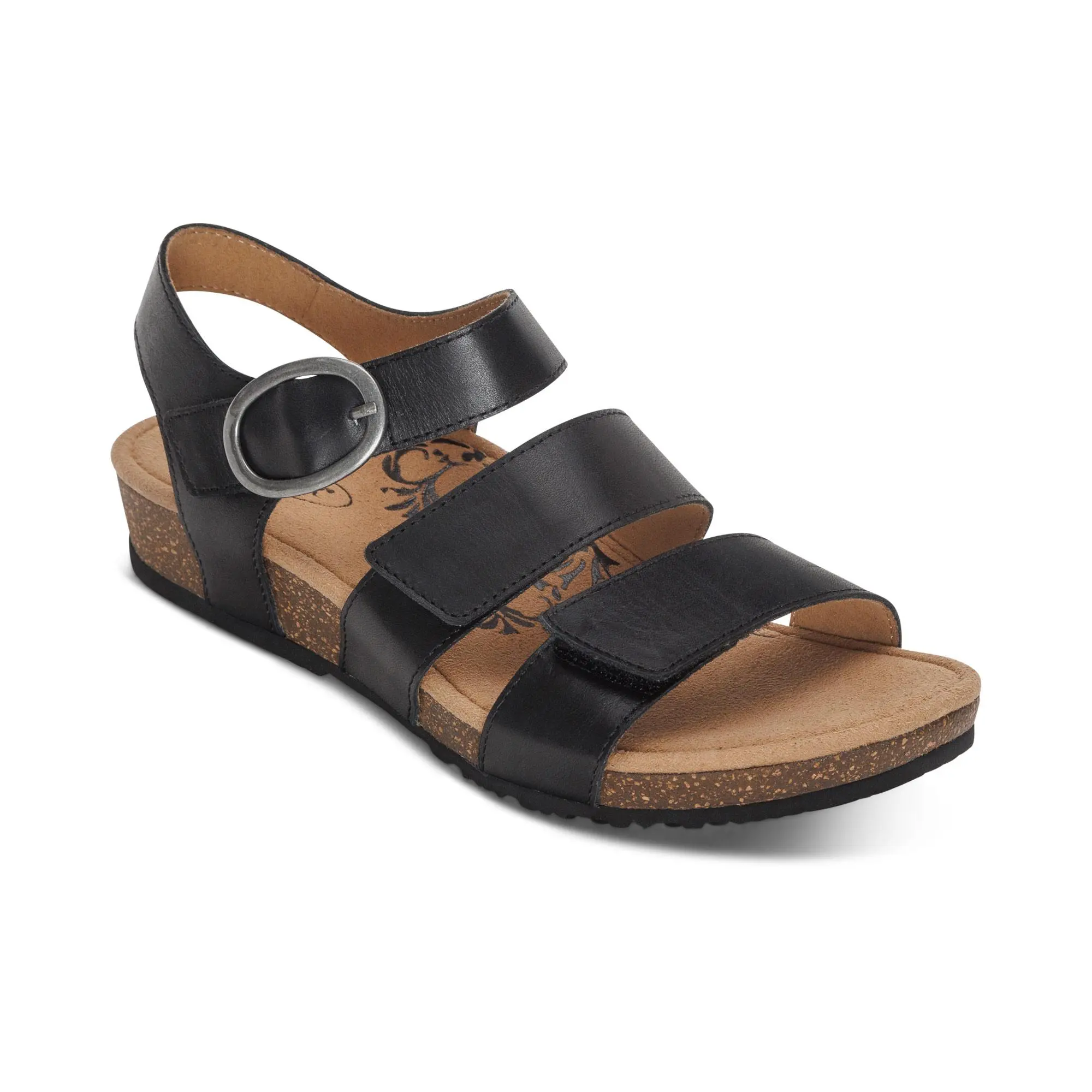 Aetrex Lilly Adjustable Quarter Strap Sandal - Black | Women's Orthotic Wedge Sandals with Arch Support & Comfort, Leather, Footwear, Rubber