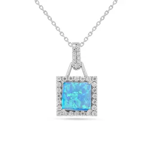 Lab Grown Blue Opal Halo Pendant Necklace