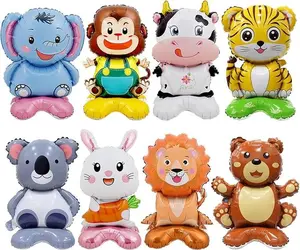 8 Pc Standing Cute Animal Foil Balloons - Lion, Bear, Cow, Monkey, Koala, Tiger, Elephant, Bunny - Jungle Safari Zoo Themed Baby Shower Birthday Party Decorations