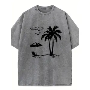 Oversized Short Sleeve T-Shirt - Soft Washed Cotton Black Tropical Palm Tree & Beach Print (Brown/Beige) - Relaxed Fit Casual & Vacation Wear, All-Season Round Neck Tee with Palm Tree Silhouette Design