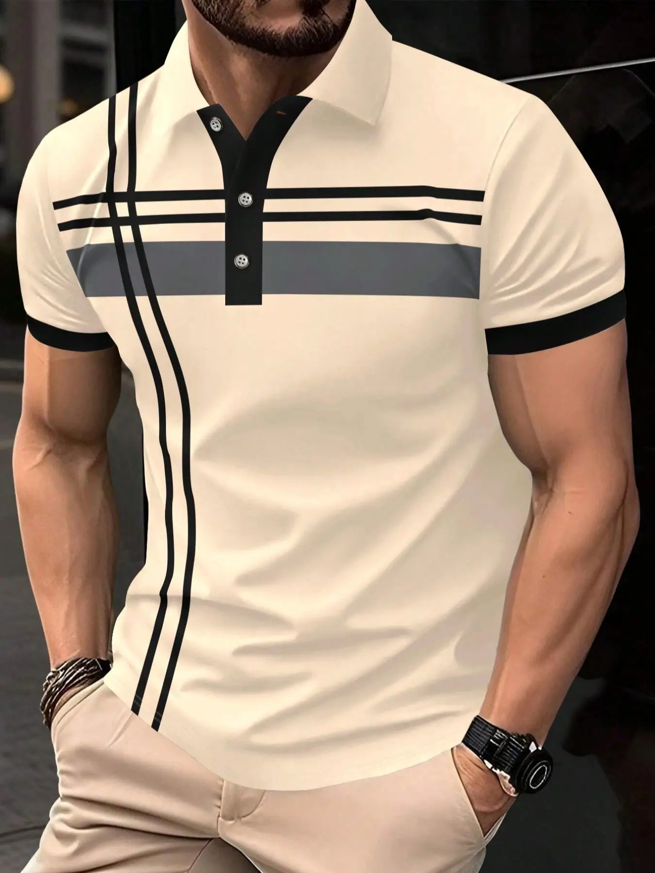 Men's Striped Print Contrast Binding Polo Shirt, Casual Short Sleeve Button Front Top for Summer, Fashion Men's Clothes for Daily Wear