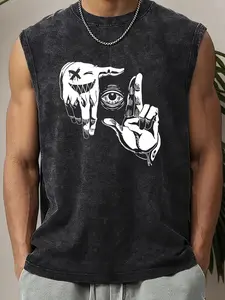 "I See You" Creepy Hand & Eye Graphic Acid Wash Muscle Tank | Y2K Streetwear Sleeveless Top