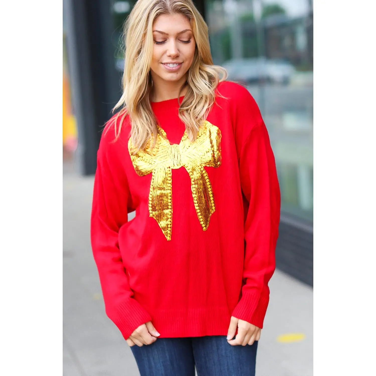 All I Want Red Sequin Bow Embroidery Knit Sweater