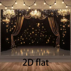 1pc 2D Flat Banner with Dazzling Chandeliers, Elegant Curtains & Starry Lights – Perfect for New Year Parties, Weddings, Stage Performances to Create a Luxurious and Romantic Festive Atmosphere. Decor White Ornaments Decoration