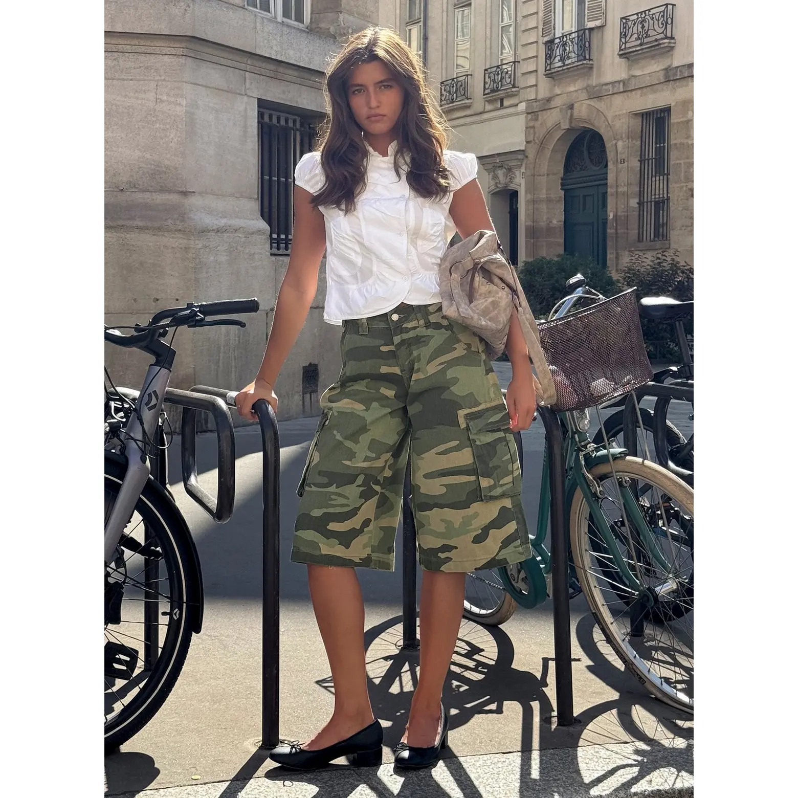 Quinni Wide Leg Cargo Jorts Light Wash Camo