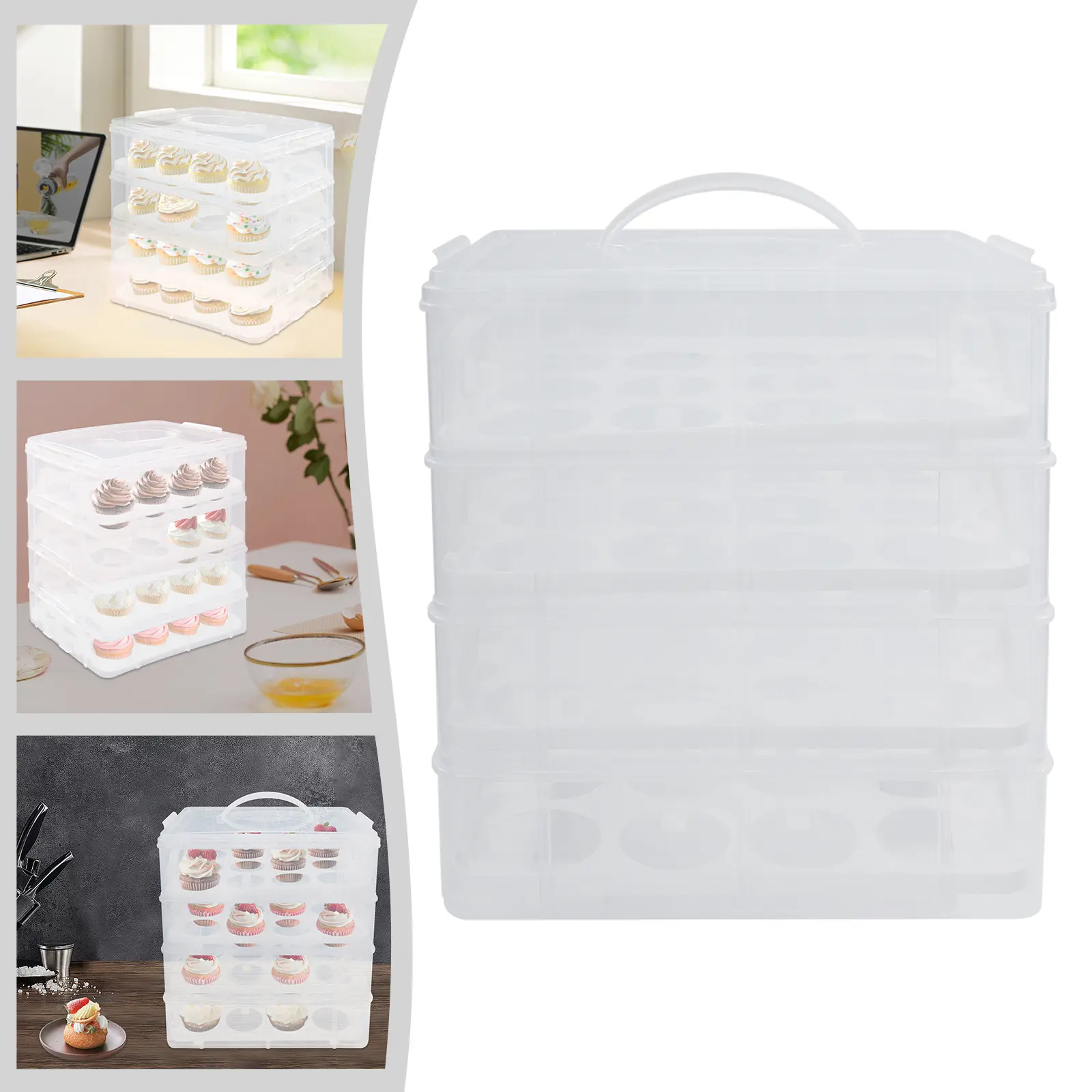 4 Tier Cupcake Carrier 48 Holes Clear PP Food  Container with Snap Lid for Cupcakes Cookies Fruits Nuts Vegetables Salad Bread storage