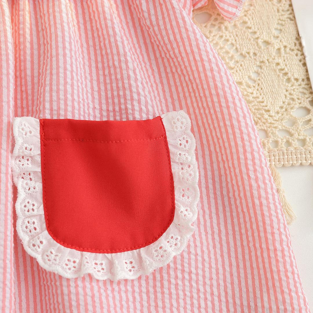Toddler Girl Summer Outfit Strawberry/Watermelon Embroidery Striped Short Sleeve Ruffle Princess Dress with Pockets
