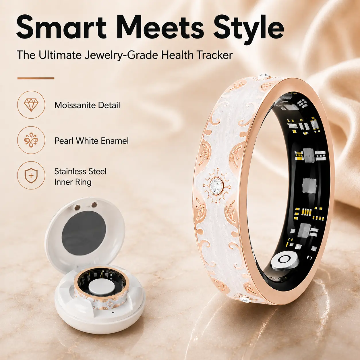 V10 Enamel Metal Smart Ring - Electronic Gadgets, Built-in Batteries Health Monitoring Fitness Trackers, Wearable Tech with Heart Rate Tracking, SpO2 & Sleep Monitoring, IP68 Waterproof Sporty Chic Jewelry for Swimming