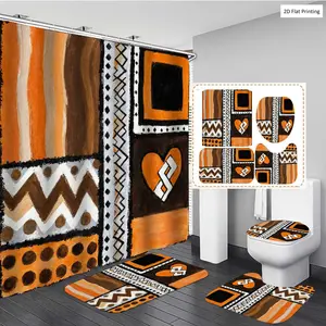 1/3/4PCS Mandela style Pattern with Orange and Brown Elements Shower Curtain Set with Rugs, Non Slip Bath Mat, U-Shape Carpet, Toilet Lid Cover, Polyester Fabric Bathtub Curtain Accessories, 12 Hooks, Home Bath