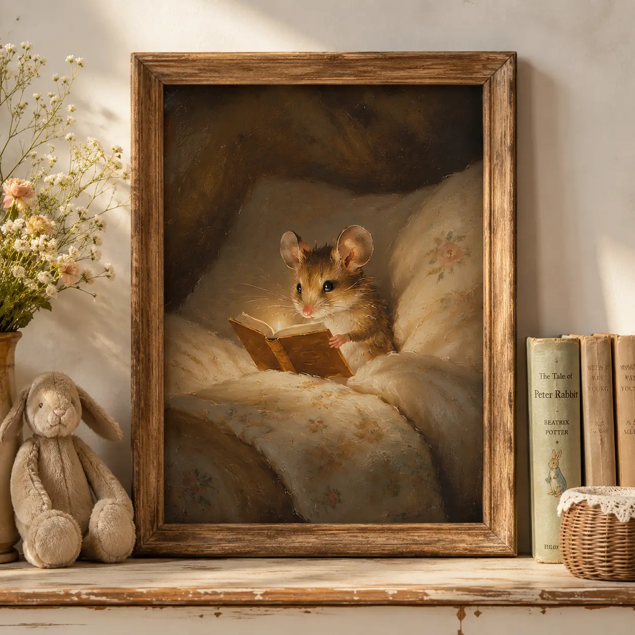 Reading Mouse Wall Print, Vintage Storybook Animal Artwork, Decorative Floral Cottagecore Poster for Cozy Bedroom Home Decor