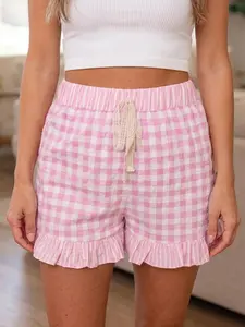 Women's Gingham Ruffle Shorts | Casual Summer High-Waist Lounge Shorts with Lace Tie