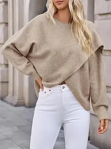 Womens Oversized Batwing Sweaters Long Sleeve Crew Neck Poncho Slouchy Knit Asymmetrical Pullover Tops